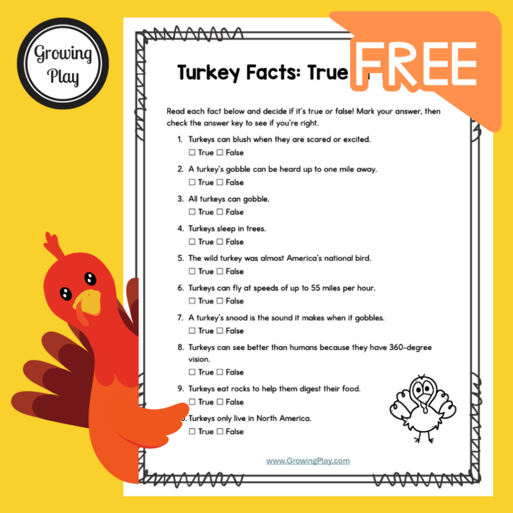 A turkey true-or-false worksheet with ten fact statements, checkboxes, a small turkey drawing, and a large cartoon turkey beside the page.