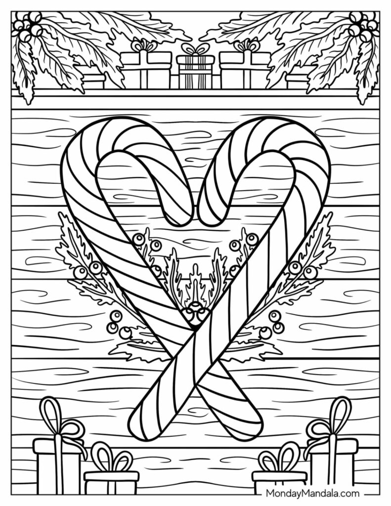 A coloring page with two large striped candy canes crossed in front of a wooden background, surrounded by holly, berries, and wrapped gifts.