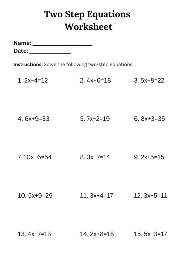 A two-step equations worksheet with name and date lines, instructions to solve, and 15 numbered equations arranged in three columns.