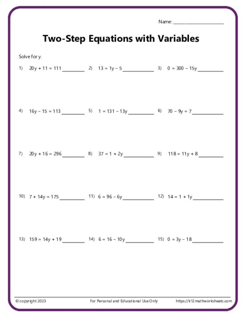 A worksheet titled “Two-Step Equations with Variables” with 15 equations to solve for y, numbered across five rows and blank answer lines.