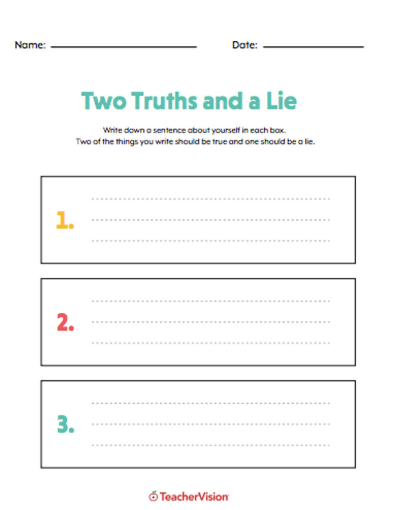 A “Two Truths and a Lie” worksheet with name and date lines, instructions, and three numbered boxes with writing lines.