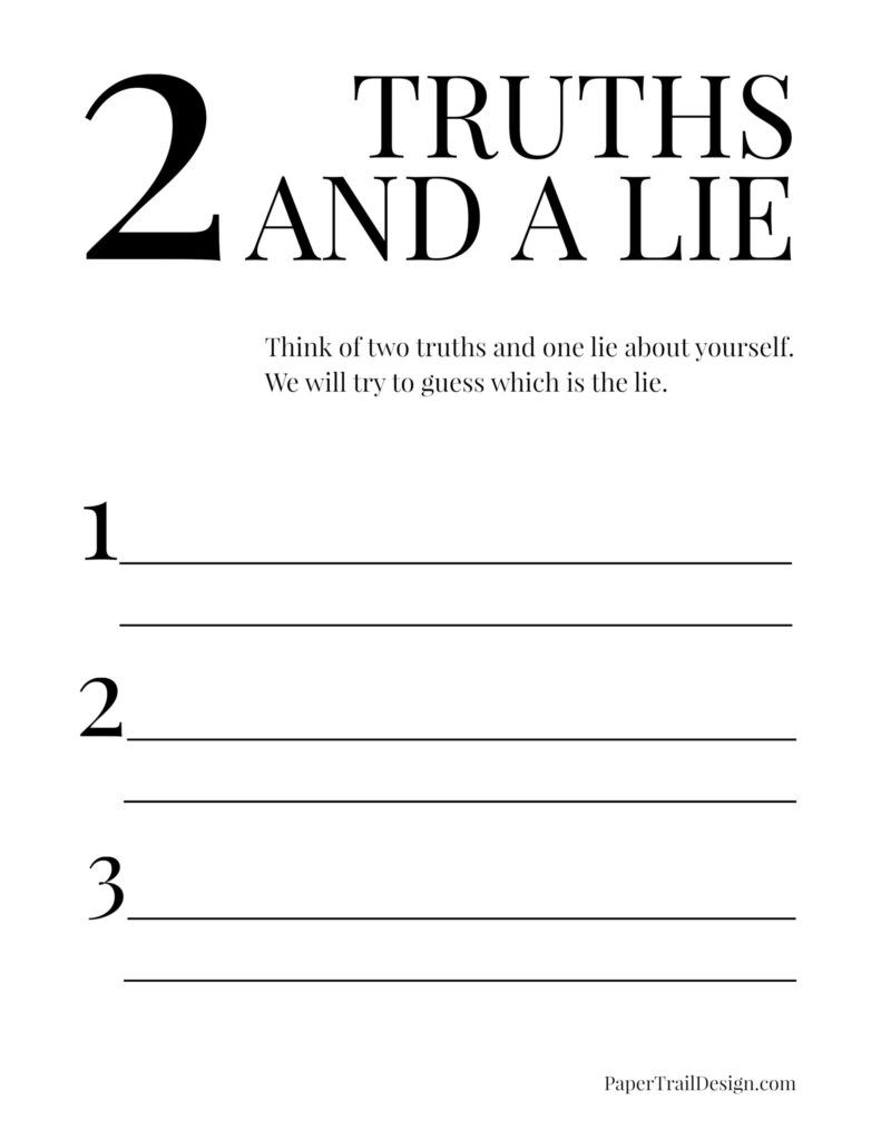 A minimalist “2 Truths and a Lie” worksheet instructs users to write three statements about themselves and invites others to guess which is false.