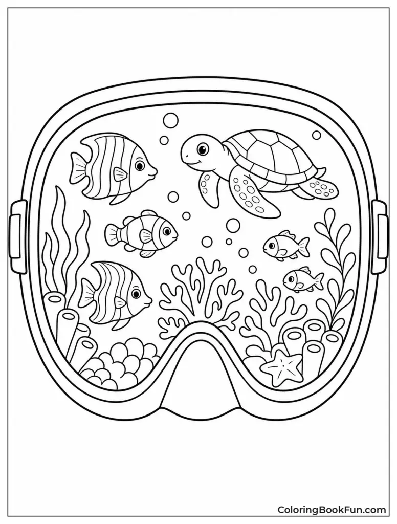Underwater coloring page with a sea turtle, several fish, bubbles, coral, sea plants, and a starfish inside a rounded aquarium-like frame.