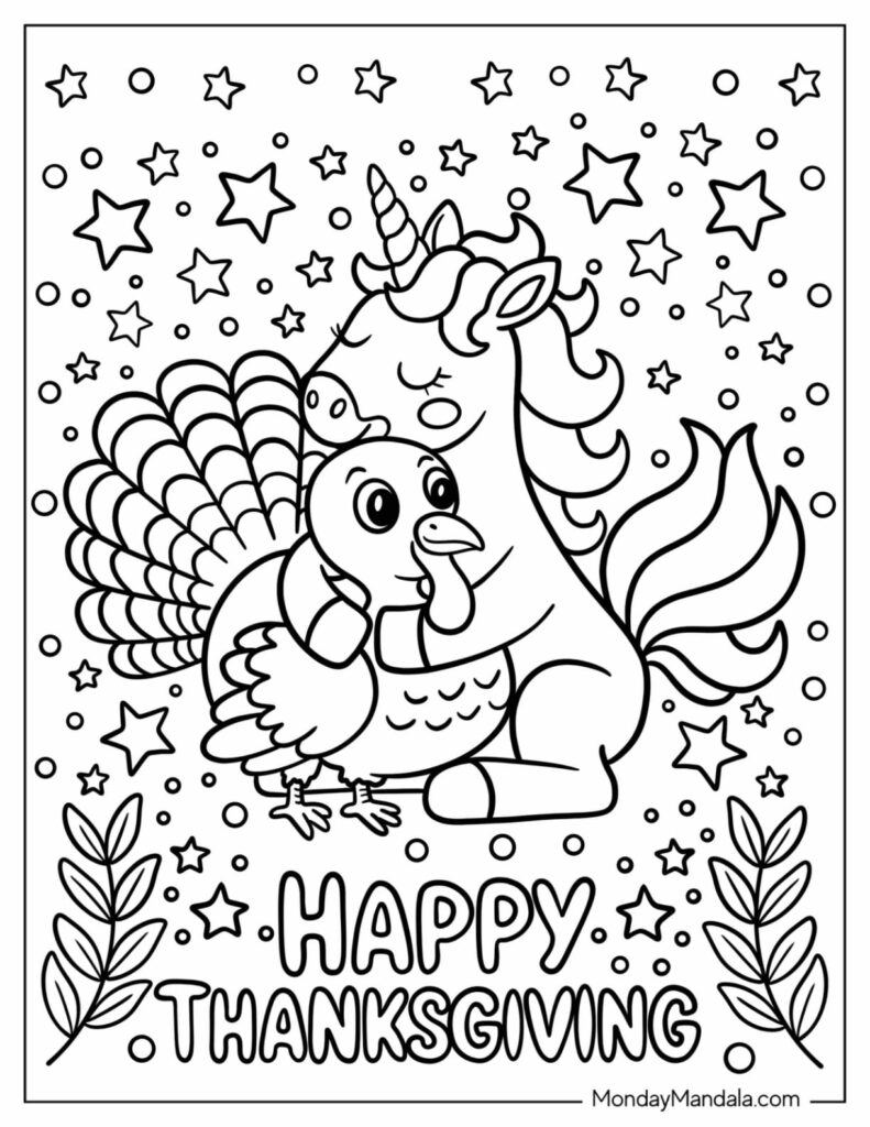 Thanksgiving coloring page featuring a unicorn beside a turkey, surrounded by stars and leaves, with “Happy Thanksgiving” lettering.