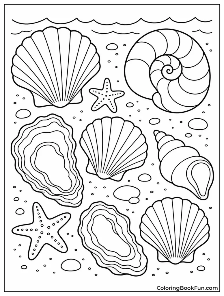 A black-and-white coloring page with several seashells, two starfish, and small bubbles scattered across the page.