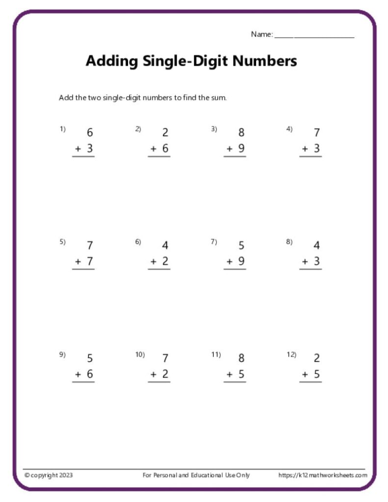 A worksheet titled “Adding Single-Digit Numbers” shows 12 vertical addition problems, with a name line and blank spaces for answers.