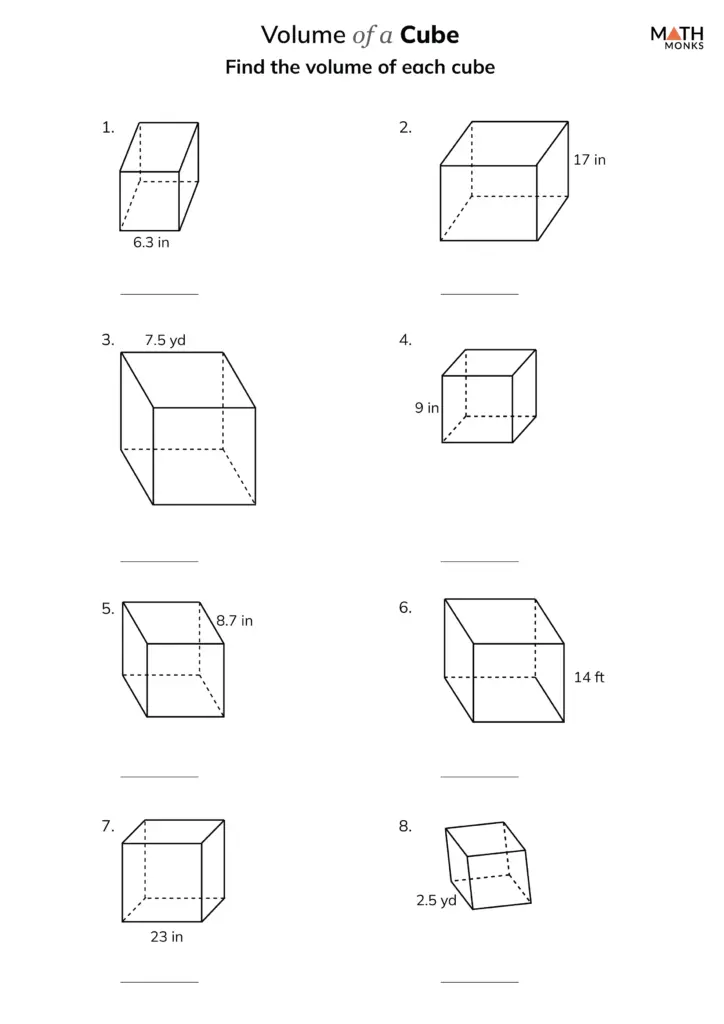 A worksheet titled “Volume of a Cube” shows eight cube diagrams with side lengths in inches, feet, or yards and blank lines for answers.