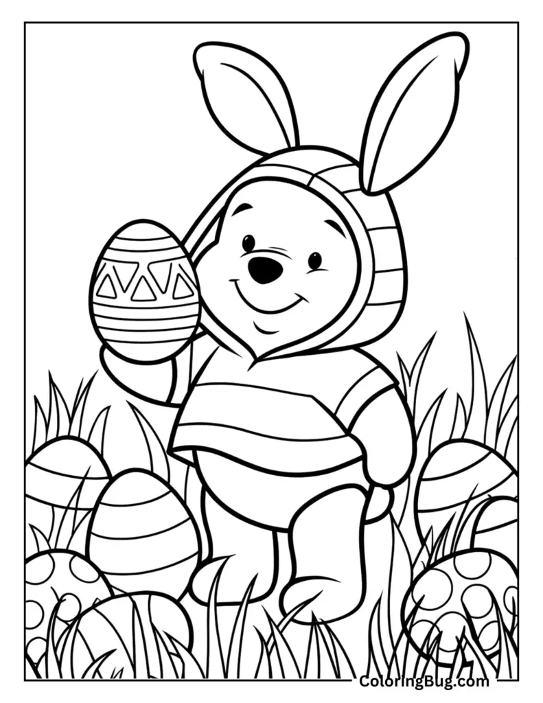 A smiling character dressed as a bunny holds a decorated Easter egg, surrounded by patterned eggs and grass in a black-and-white coloring page.