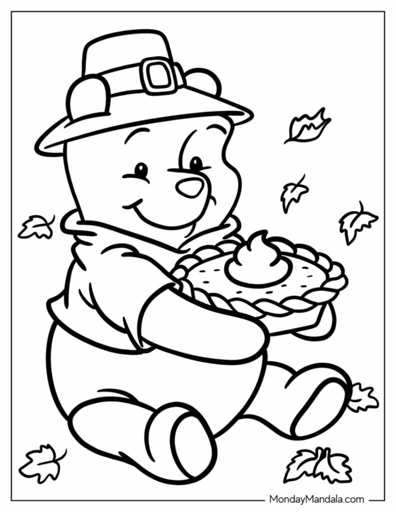 A smiling bear dressed as a pilgrim holds a pie, with autumn leaves around it, in a black-and-white coloring page.