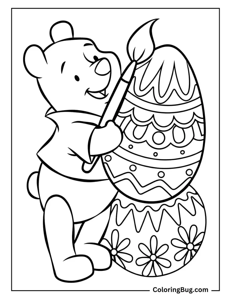 Black-and-white coloring page of a bear painting a large decorated Easter egg, with two floral-patterned eggs nearby.