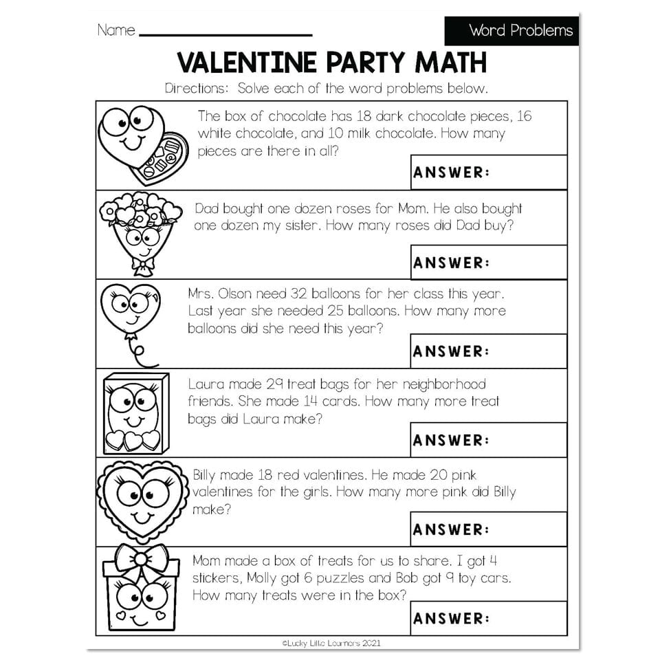 A Valentine-themed math worksheet with six word problems about chocolates, roses, balloons, treat bags, valentines, and treats; each has a blank answer box.