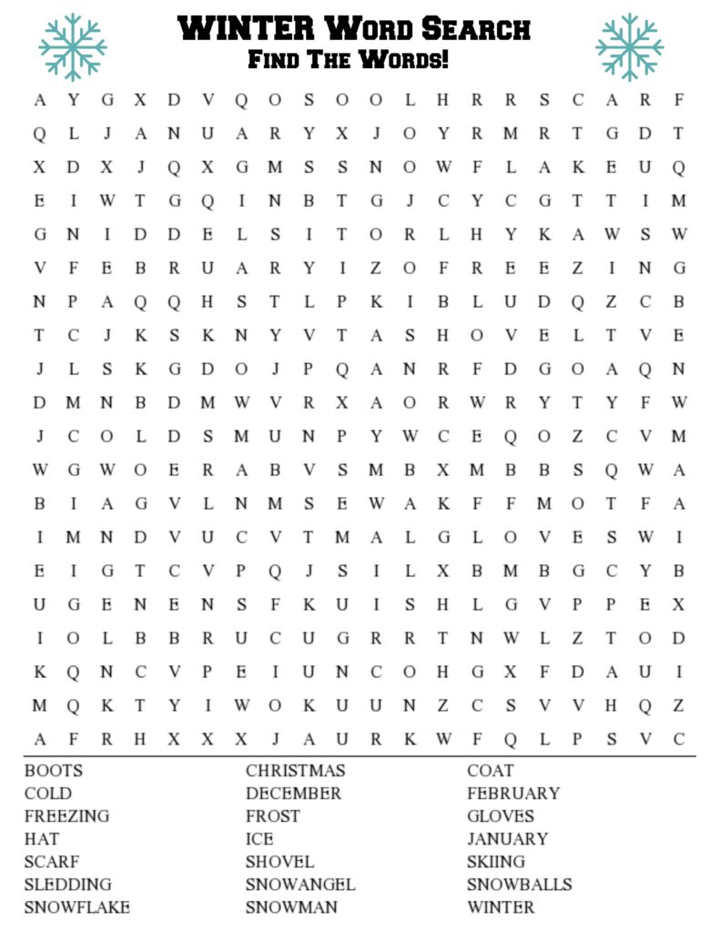 A winter-themed word-search worksheet with a large letter grid and a three-column list of words including boots, cold, snowman, and winter.