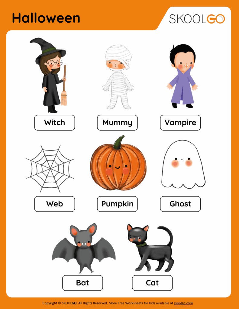 Halloween vocabulary worksheet with labeled illustrations of a witch, mummy, vampire, spiderweb, pumpkin, ghost, bat, and black cat.