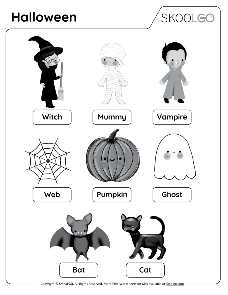 Halloween vocabulary worksheet with labeled illustrations of a witch, mummy, vampire, spider web, pumpkin, ghost, bat, and cat.