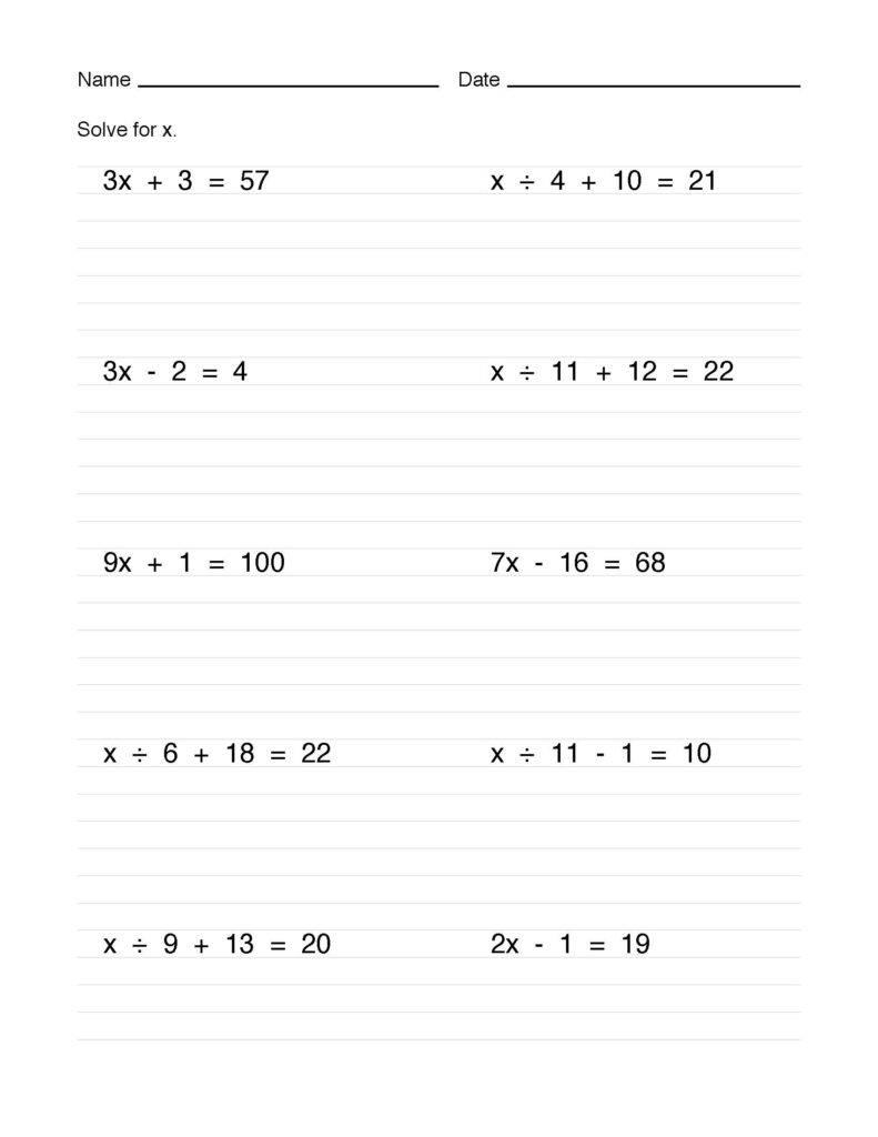 An algebra worksheet headed “Solve for x,” with ten two-step equations arranged in two columns and ruled space for working.
