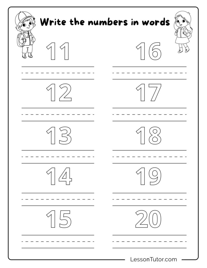 A black-and-white worksheet titled “Write the numbers in words,” with outlined numerals 11–20 and writing lines, including for 15.