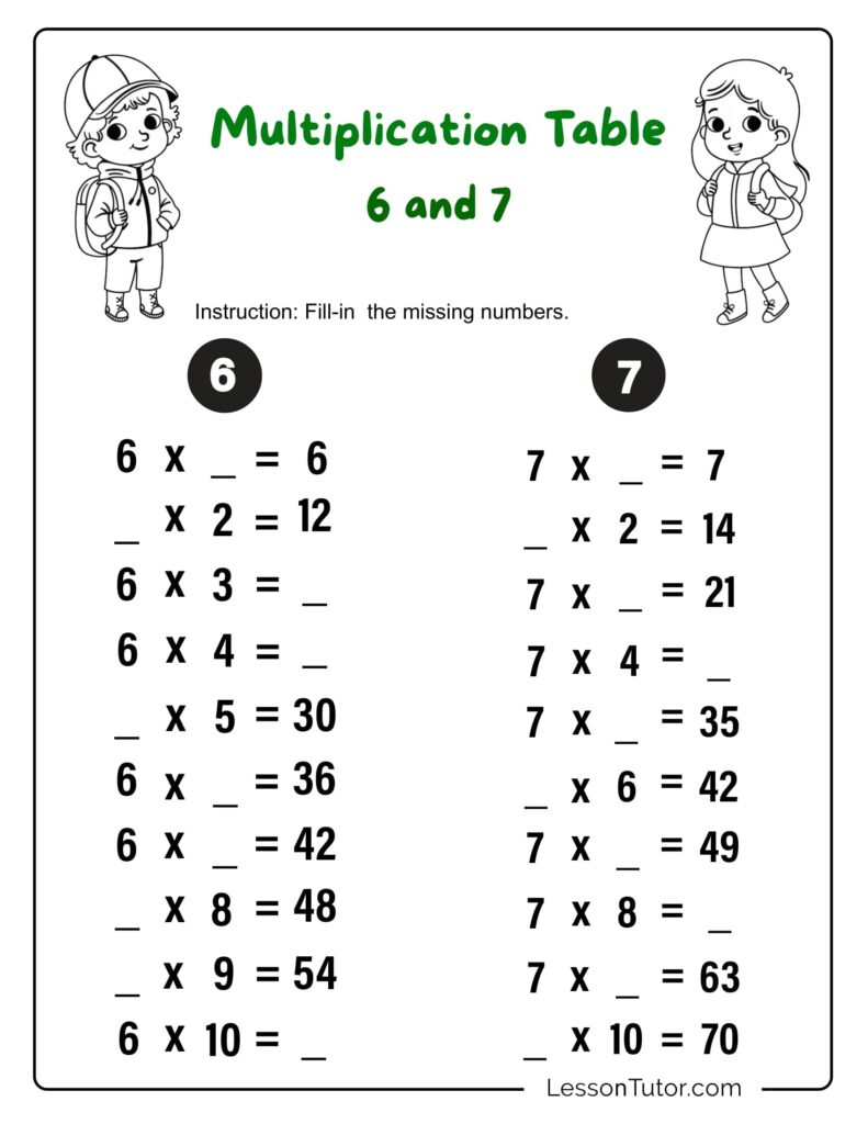 A multiplication worksheet titled “Multiplication Table 6 and 7,” with fill-in-the-missing-number exercises arranged in two columns and small student illustrations.