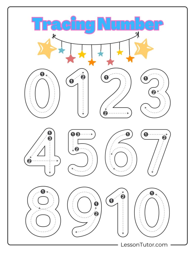 A number-tracing worksheet shows large outlined numerals 0 through 9 with dotted tracing paths and directional arrows; zero appears twice.