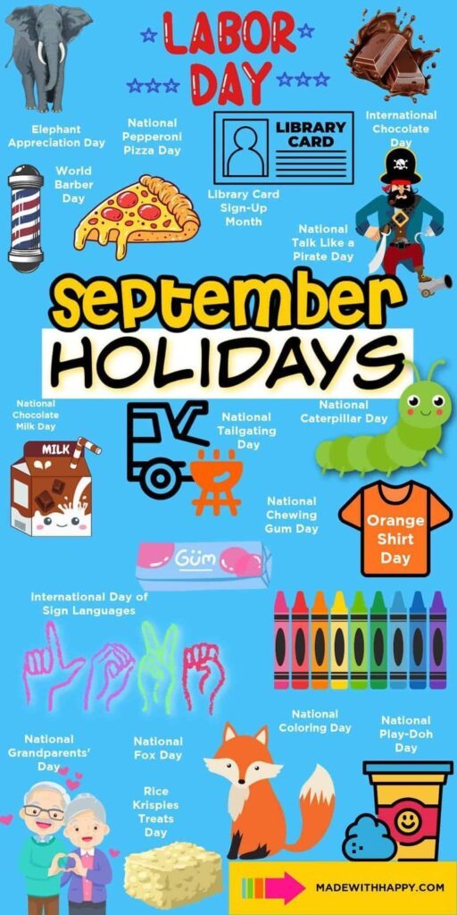 A colorful September holidays infographic labels observances including Labor Day, Elephant Appreciation Day, National Pepperoni Pizza Day, and International Day of Sign Languages, with themed illustrations.