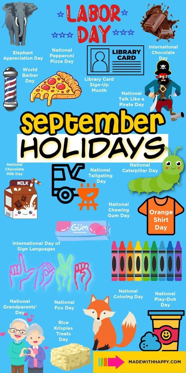 A colorful September holidays infographic labels observances including Labor Day, Elephant Appreciation Day, National Pepperoni Pizza Day, and International Day of Sign Languages, with themed illustrations.
