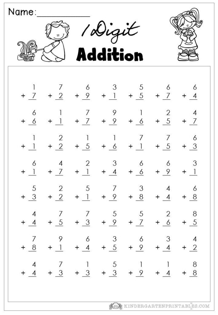 A black-and-white single-digit addition worksheet with rows of vertical addition problems and cartoon children decorating the heading.