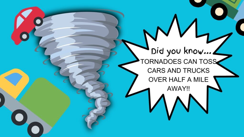 A cartoon tornado twists between colorful cars beside a starburst stating that tornadoes can toss cars and trucks over half a mile away.