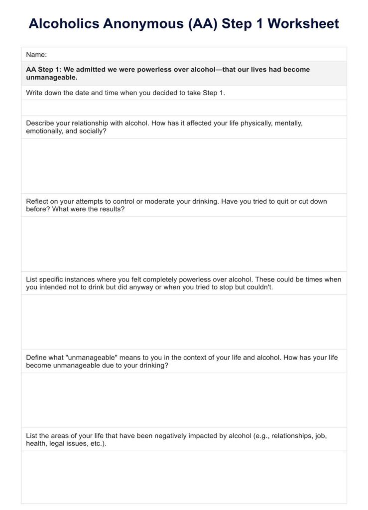 A blank Alcoholics Anonymous Step 1 worksheet with prompts about drinking history, attempts to control alcohol use, powerlessness, unmanageability, and life impacts.