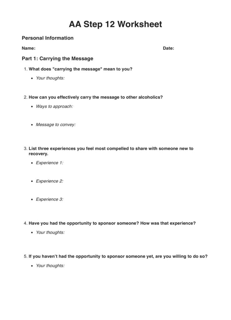 An AA Step 12 worksheet with personal information fields and five reflection questions about carrying the message, sharing recovery experiences, and sponsorship.
