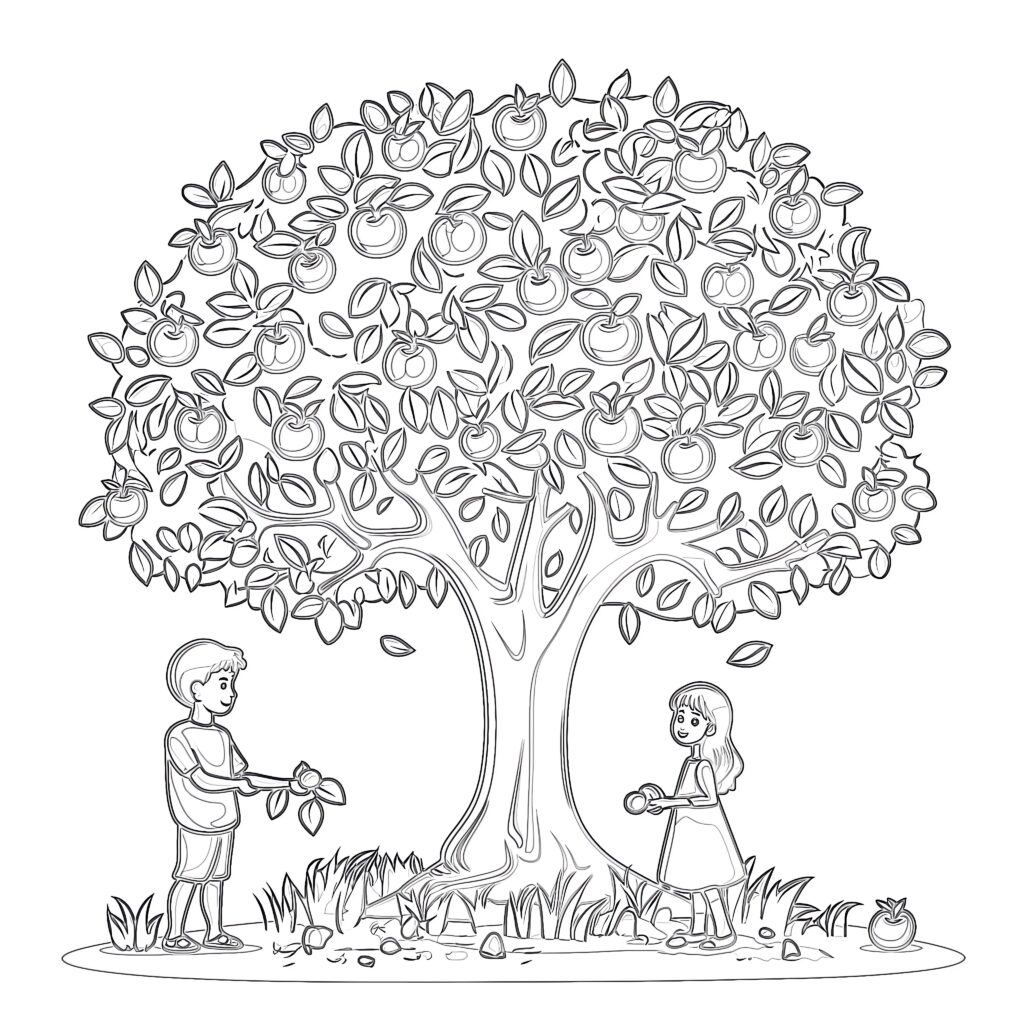 Coloring-page outline of a large apple tree laden with apples, with a boy and girl picking fruit beneath it.