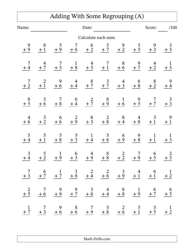 A worksheet titled “Adding With Some Regrouping” presents rows of two single-digit addition problems, with spaces for name, date, and score.