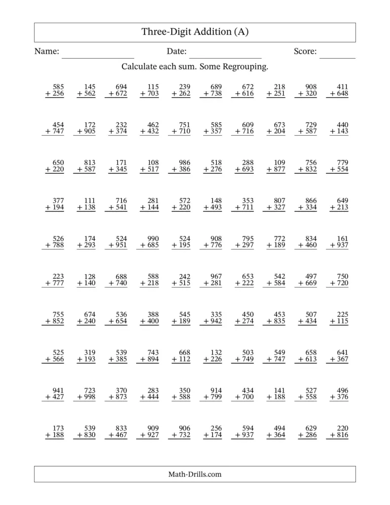 A three-digit addition worksheet with many vertical addition problems and instructions to calculate each sum, some regrouping.