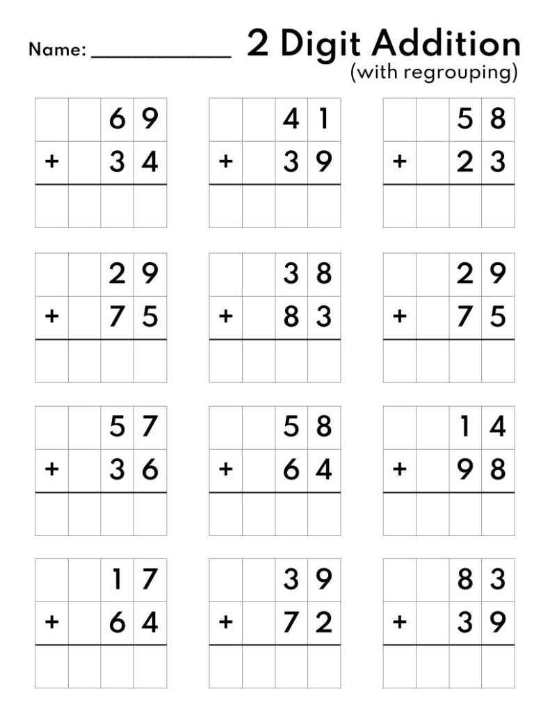 A two-digit addition worksheet with regrouping, showing twelve vertical addition problems and blank grid boxes for working and answers.