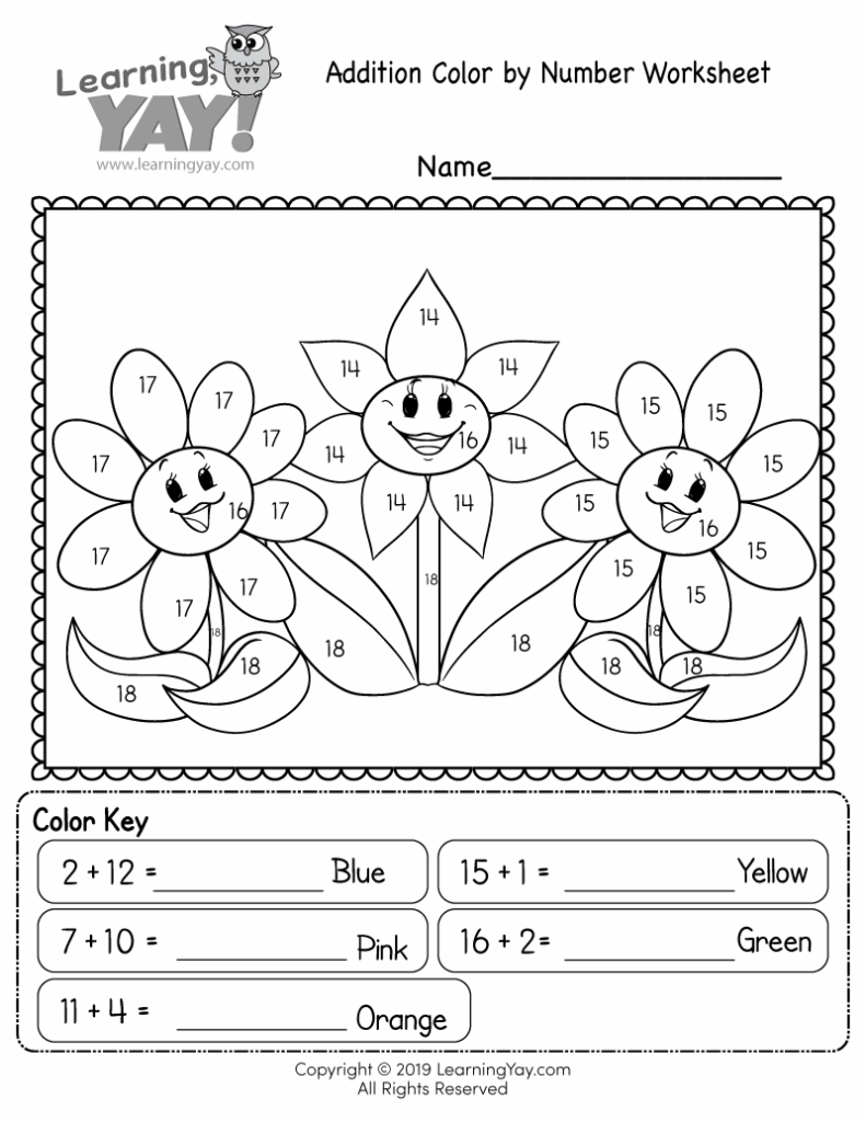 An addition color-by-number worksheet showing three smiling flowers. Numbered sections correspond to a color key with addition problems and color names.