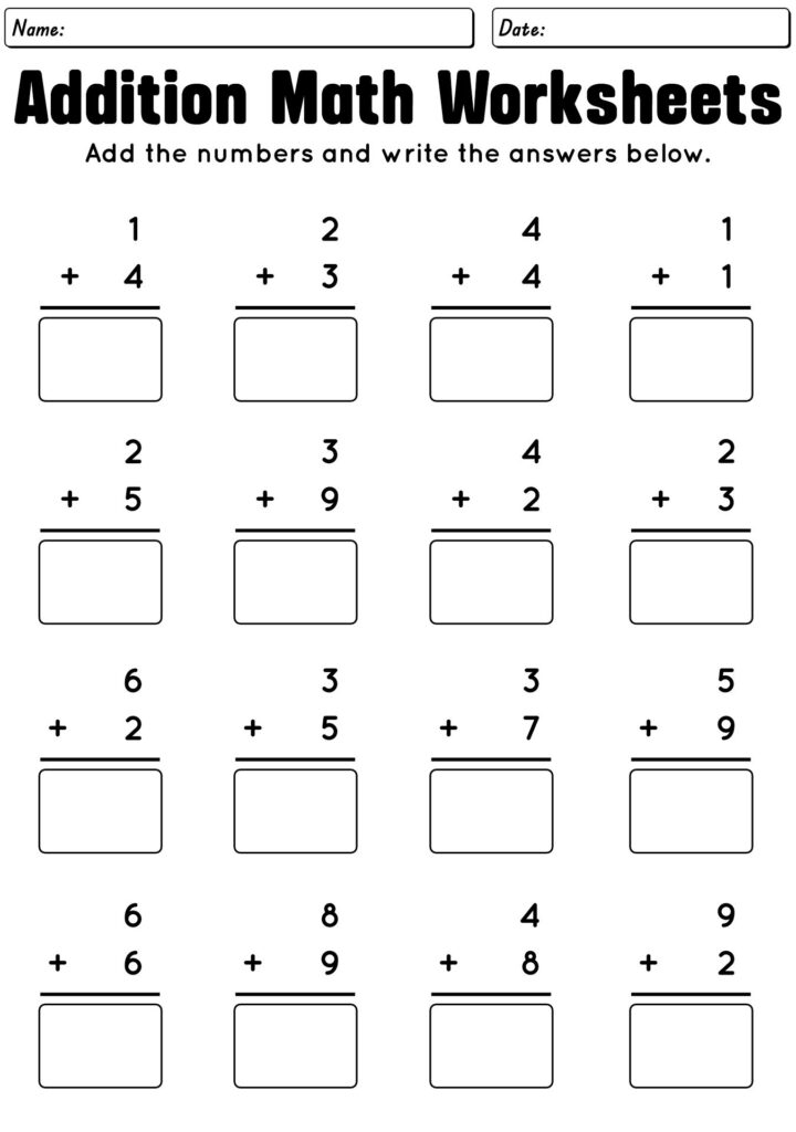 Addition worksheet with 16 single-digit problems arranged in four rows, each with a blank answer box.