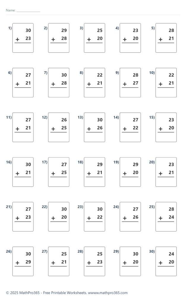 A worksheet with 30 numbered vertical addition problems using two-digit numbers, each with a blank answer space. A name line appears at the top.