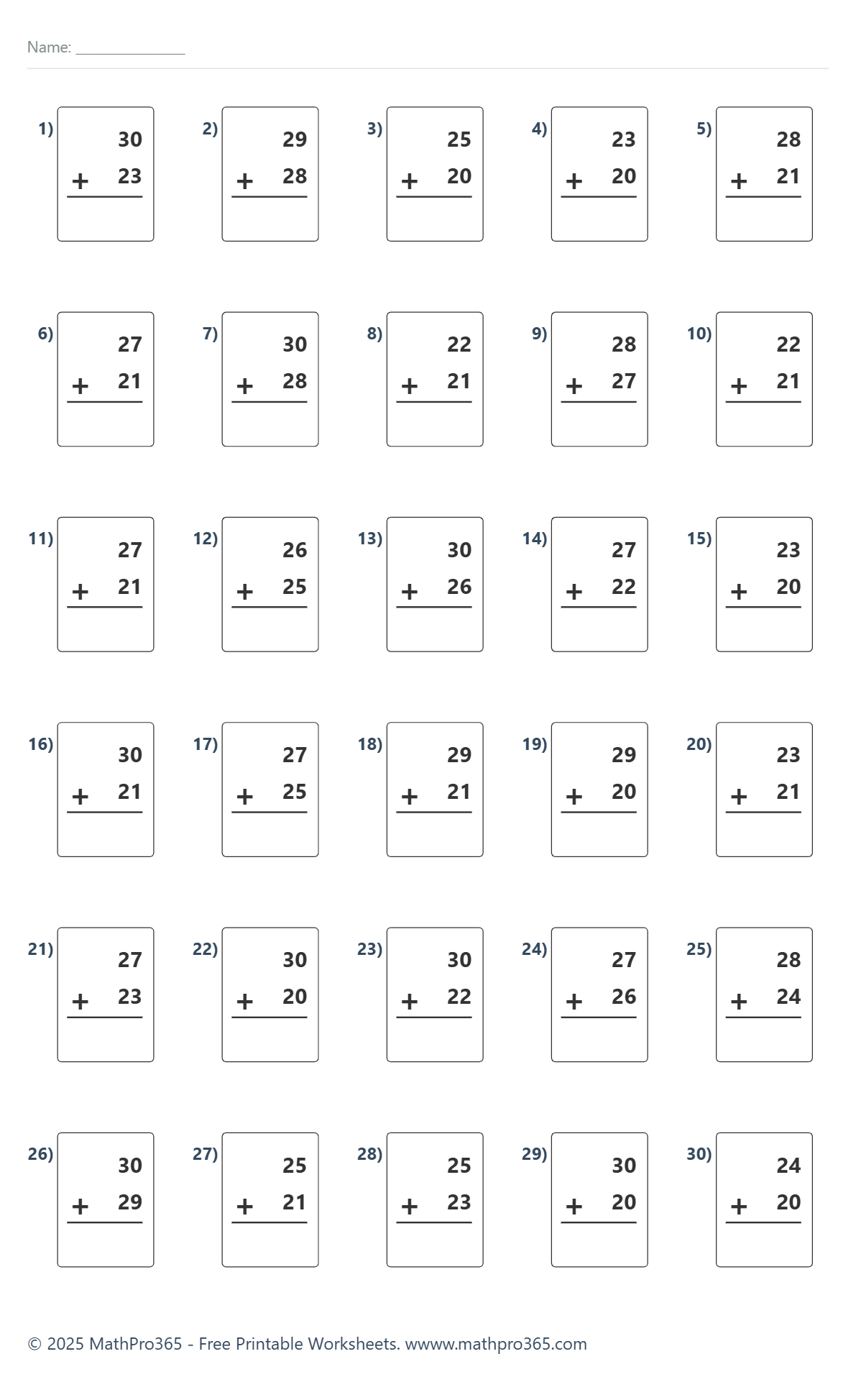 A worksheet with 30 numbered vertical addition problems using two-digit numbers, each with a blank answer space. A name line appears at the top.
