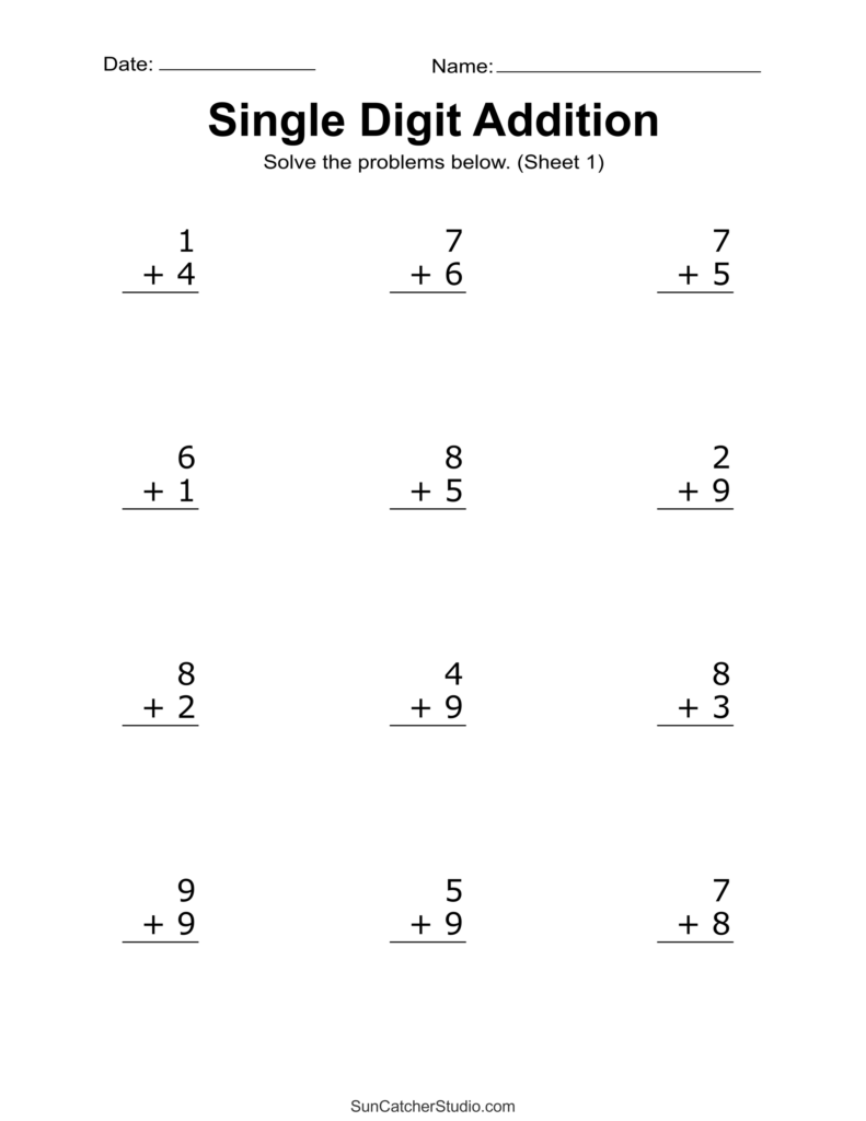 A single-digit addition worksheet titled “Single Digit Addition,” with 12 vertical addition problems and blank lines for answers.