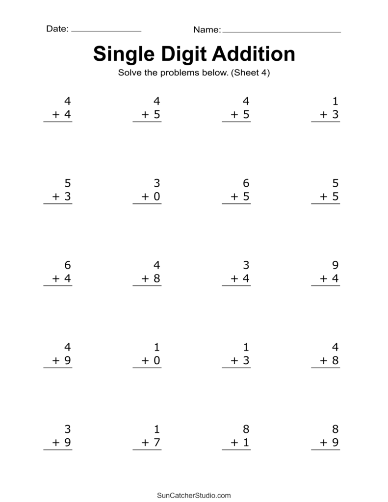 A single-digit addition worksheet with 20 vertical problems, a date and name line, and blank answer spaces.