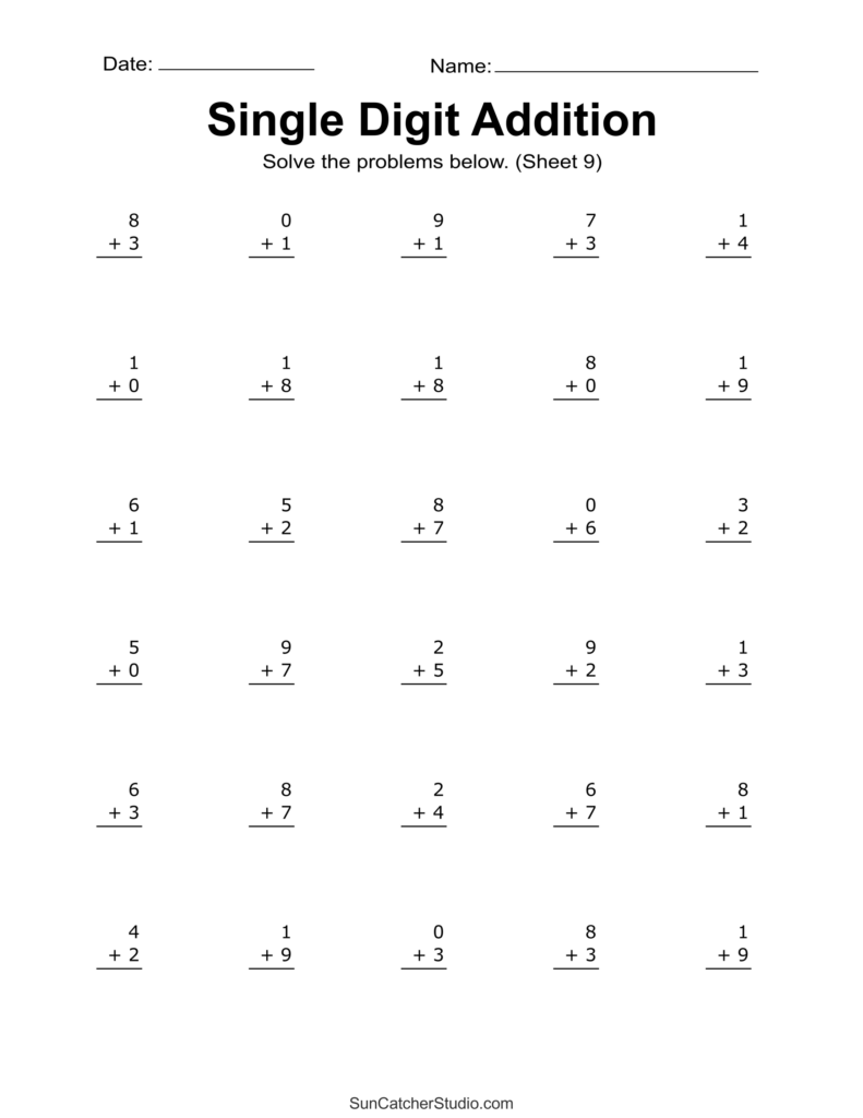 A single-digit addition worksheet with date and name lines and six rows of five vertical addition problems.