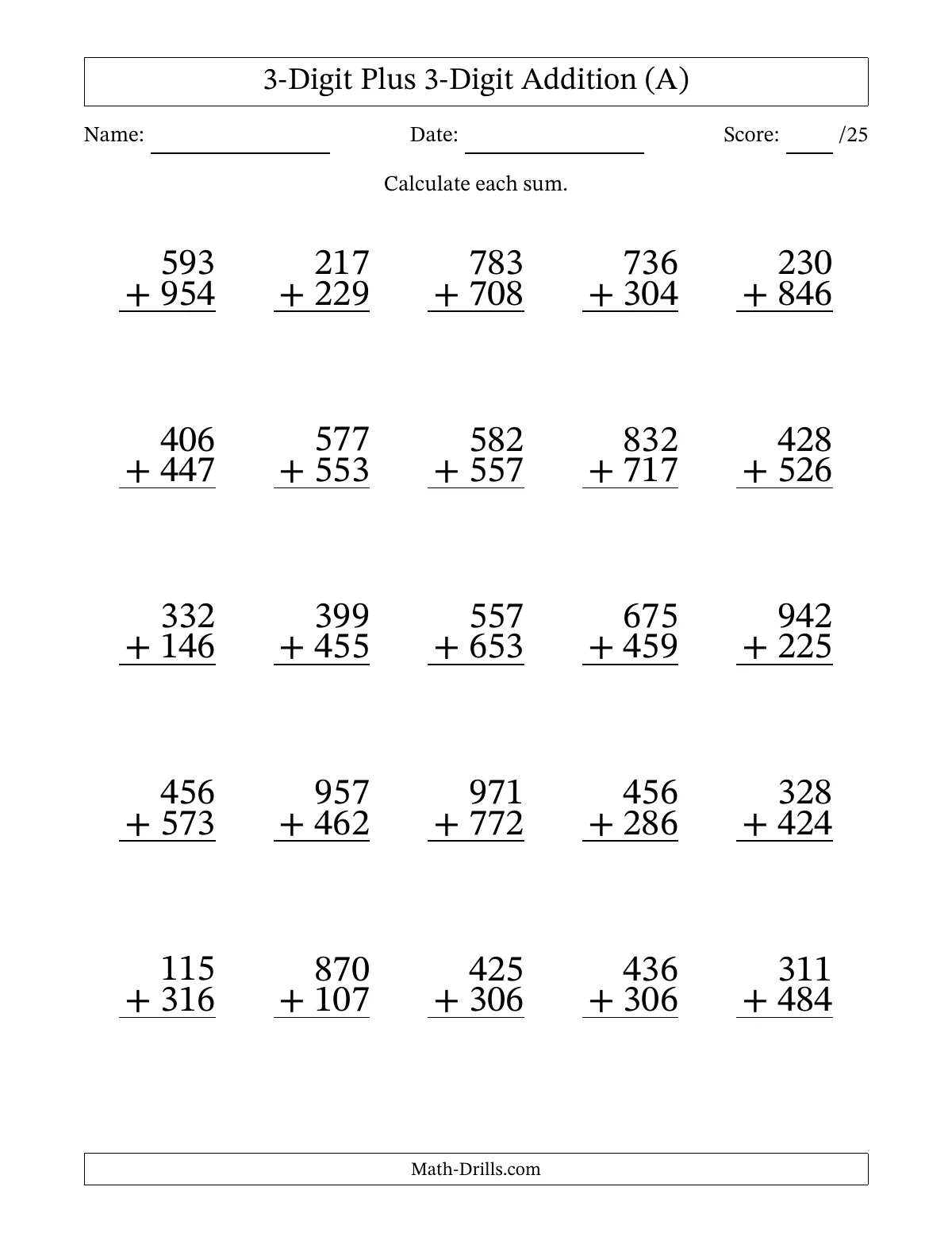 A worksheet titled “3-Digit Plus 3-Digit Addition” presents 25 vertical addition problems, with name, date, and score fields.