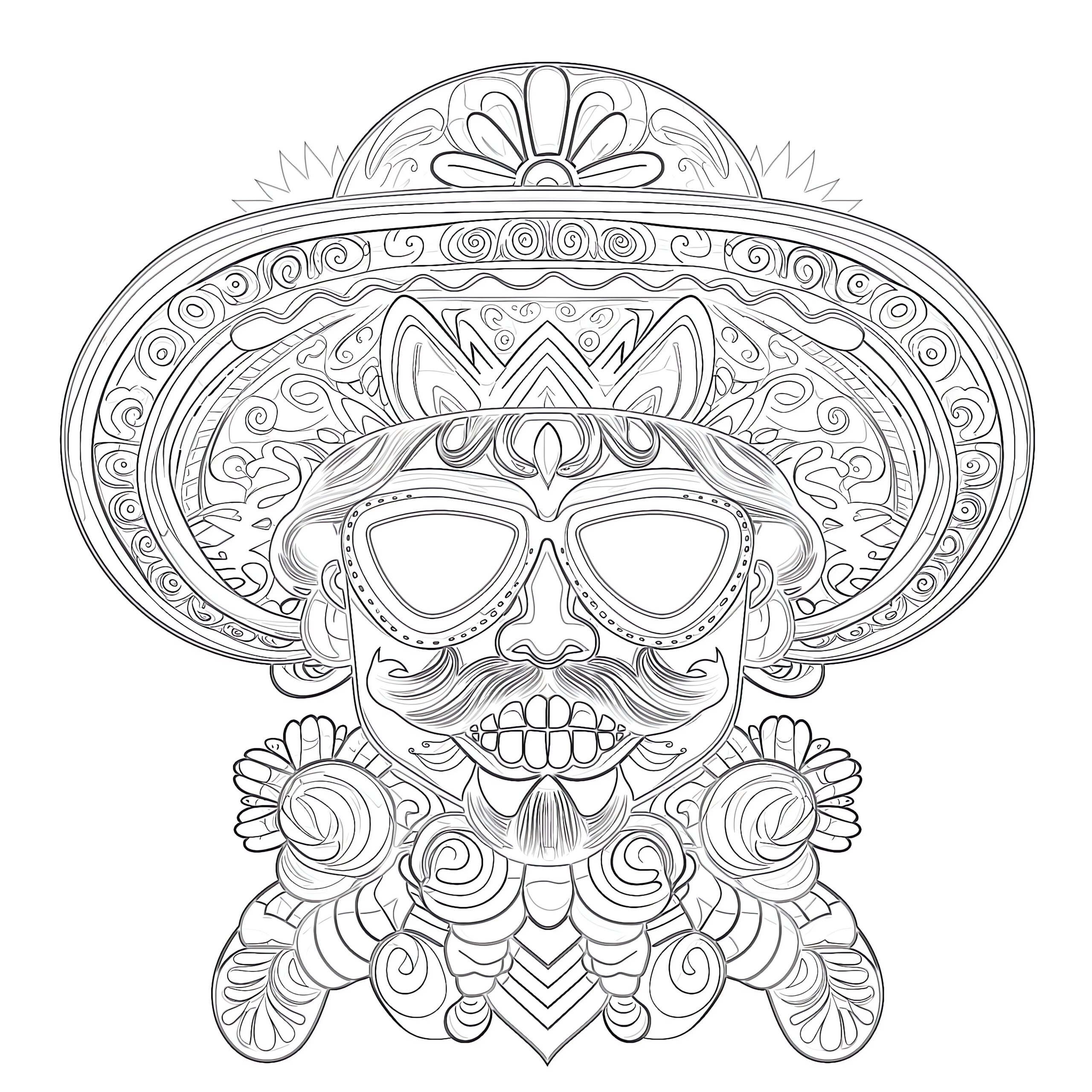 Intricate black-and-white coloring-page illustration of a mustached character wearing a wide decorated sombrero, sunglasses, and ornate clothing.