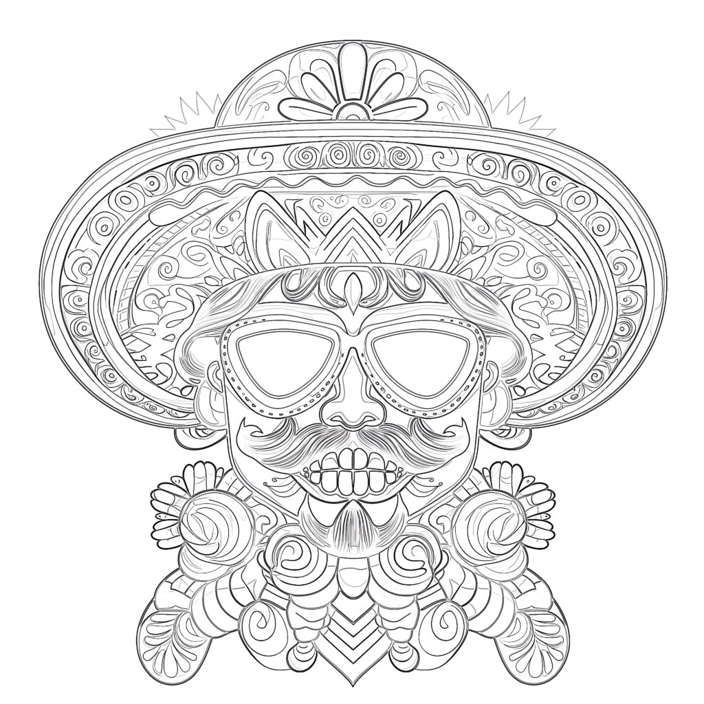 Intricate coloring-page outline of a mustached figure wearing a large decorated sombrero, sunglasses, and ornate festive clothing.