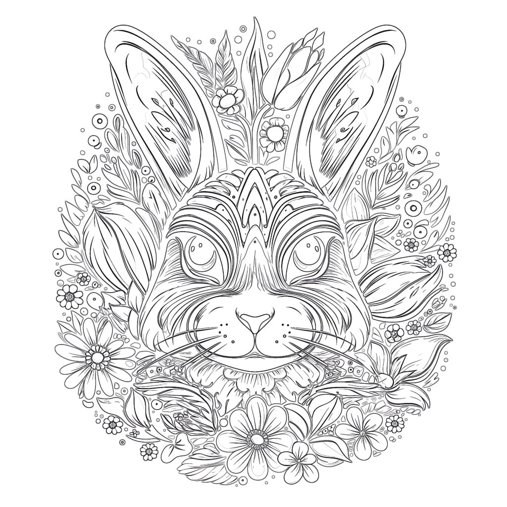 A detailed outline coloring page of a rabbit surrounded by flowers, leaves, and decorative patterns.
