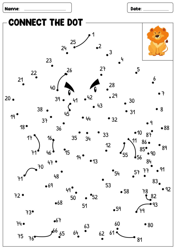 A numbered connect-the-dots worksheet with a small lion reference picture; scattered dots and partial lines form a face, with numbers arranged from 1 to 93.