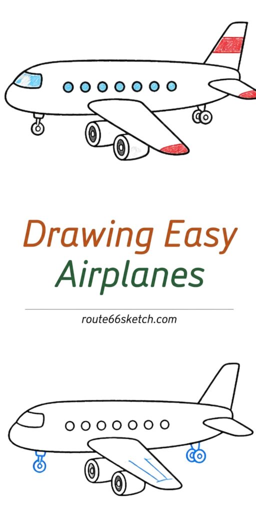 Two simple airplane drawings, one colored and one uncolored outline, with visible windows, wings, engines, and landing gear.