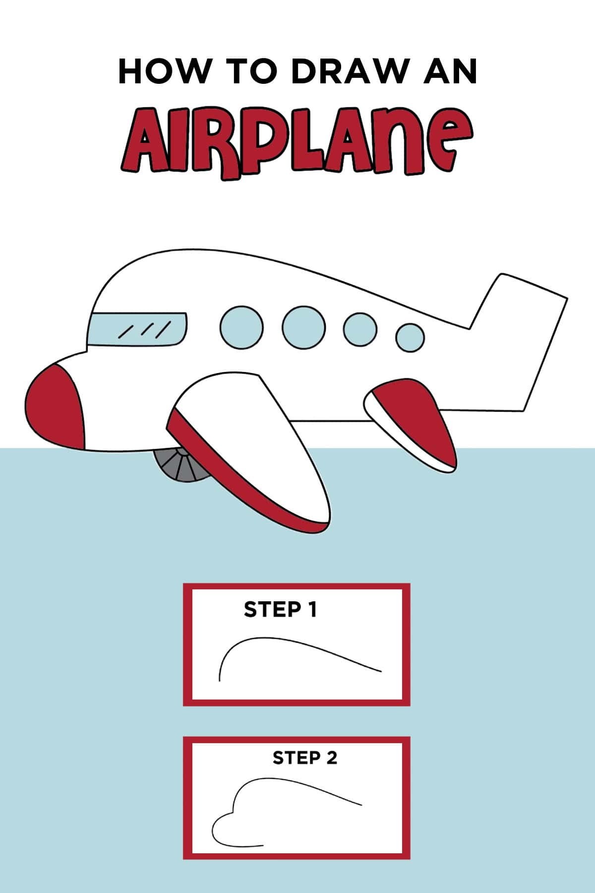 A red-and-white cartoon airplane above two step-by-step panels showing the first lines for drawing its shape.