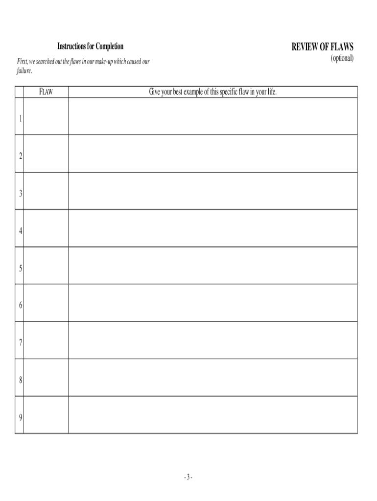 A worksheet titled “Review of Flaws” with instructions to recall flaws and provide a personal example for each, followed by a blank table with nine numbered rows.