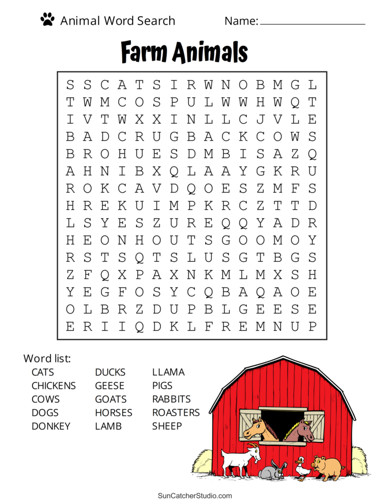 A farm animals word-search worksheet with a letter grid, a word list, and a colorful barn illustration with animals.