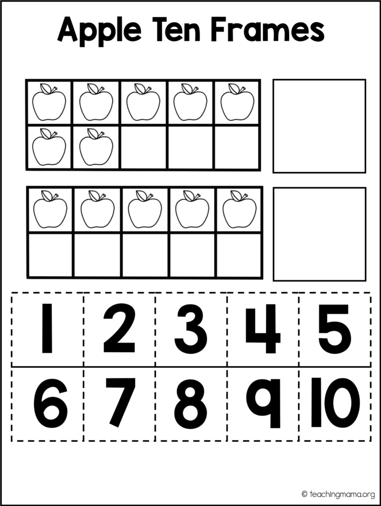 A black-and-white “Apple Ten Frames” worksheet with two ten-frames containing apples, blank answer boxes, and numerals 1 through 10 in dashed cut-out squares.