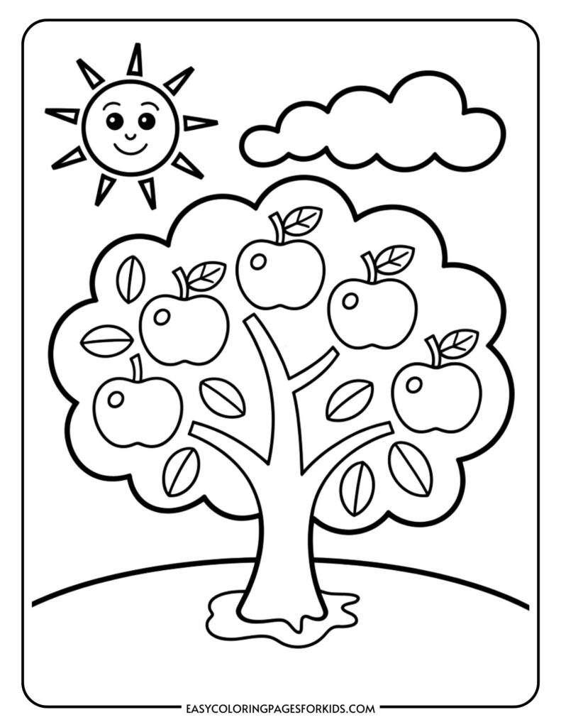 Apple tree coloring page with several apples and leaves, beneath a smiling sun and cloud.